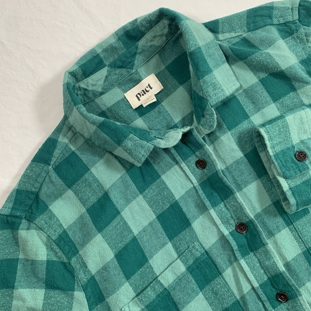 Pact Women's Sz S Green Plaid Flannel Organic Cotton Sustainable Button Up Shirt